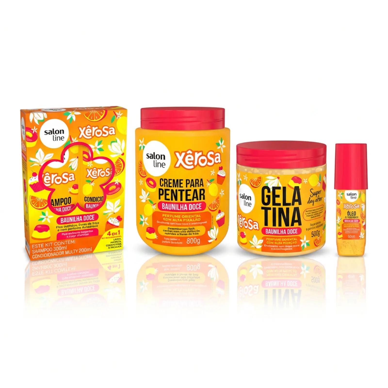 Kit Shampoo Acondicionador, Crema de Peinar, gel y oleo Xerosa Vainilla Dulce de Line
