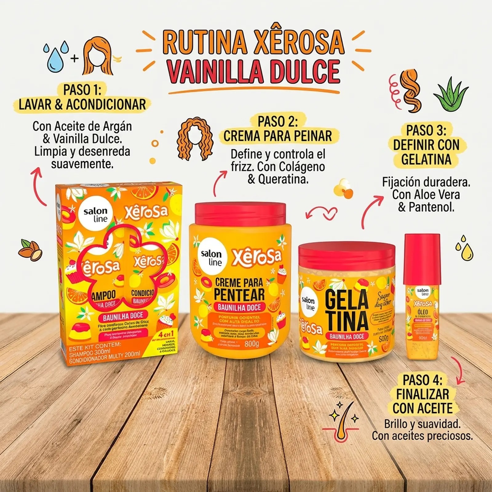 Kit Shampoo Acondicionador, Crema de Peinar, gel y oleo Xerosa Vainilla Dulce de Line – vista 2