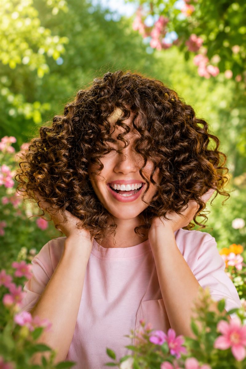 Mujer con rizos definidos sonriendo en un jardín - Contacto Planeta Rulos