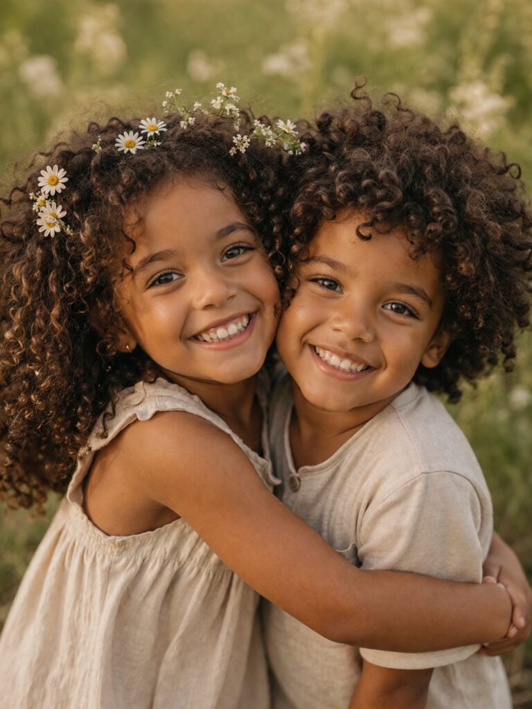 Dos niños con rulos naturales abrazados y sonriendo