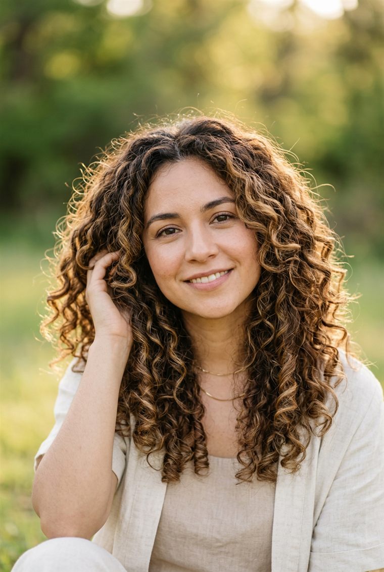 Mujer de rizos definidos sonriendo al aire libre